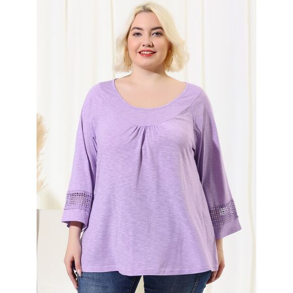 Women's Plus Size Crochet Panel Kimono Raglan Sleeves Tops Light Purple - Picture 2 of 6